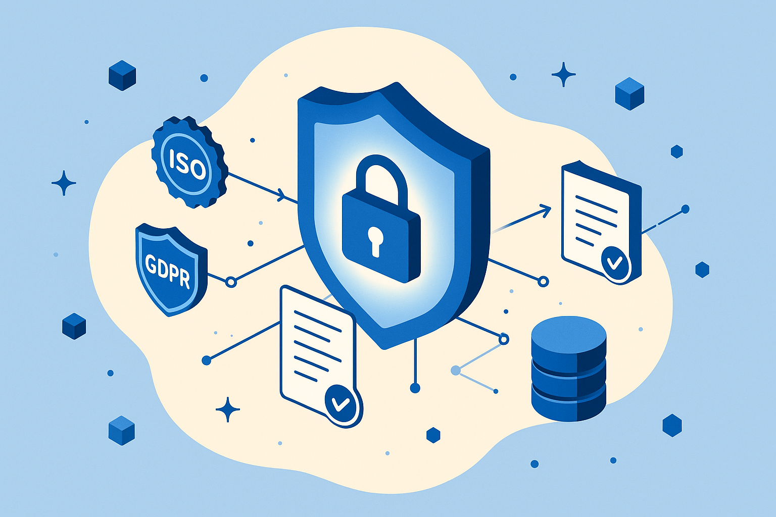 Trust center concept — shield portal with compliance documents in monochromatic blue